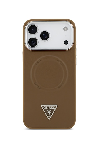 Apple Uyumlu iPhone 17 Pro Kılıf Guess Lisanslı M-safeli Pu Deri Metal Kamera Çerçeve Üçgen Logo Kapak Kahverengi Kahverengi