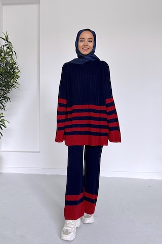 Ka Hijab Çift Renk Çizgili Triko Takım - Lacivert
