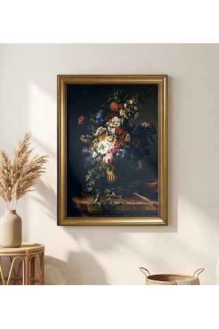 Klasik Gold Çerçeveli Barok Çiçek Natürmort Tablo Lüks Salon Oturma Odası Duvar Dekoru 60x80 Cm
