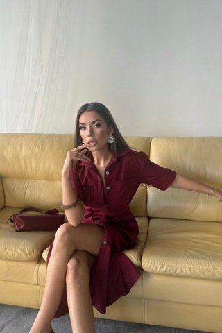 Dogutrend Tencel Önden Düğmeli Kısa Kol Elbise - Bordo