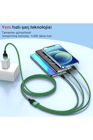 3 Lü 1.2m 6a 66w Hızlı Şarj Kablosu 300% Daha Hızlı 6 Çipli 2000+ Bükülme Testli 1.2M 3ın1