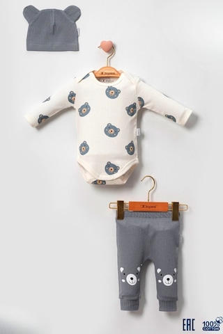Babydonat Kulaklı Ayıcık % 100 Pamuk 3'lü Erkek Bebek Takımmmm Gri