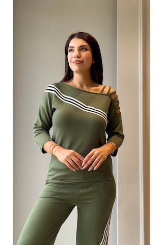 Tua Moda Kadın Uzun Kollu Truvakar Kol Tek Omuz Çapraz Şerit Detaylı Ribanalı Viskon Iki Iplik Bluz Ve Pantolon Ikili Takım Yeşil