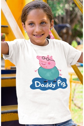 Sevbano Baba Pig Peppa Pig Baskılı Unisex Çizgi Film Çocuk Tişört 1-12 Y Beyaz