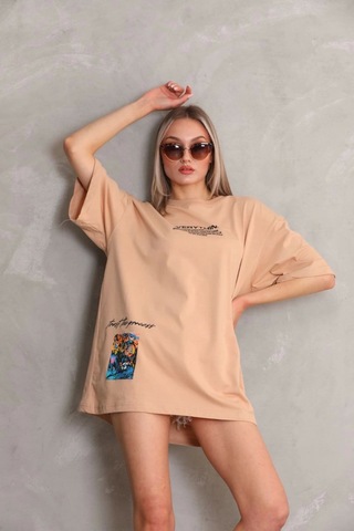 Wear Vexel Kadın Bisiklet Yaka Baskılı Oversize Kısa Kol T-shirt - Bej Bej