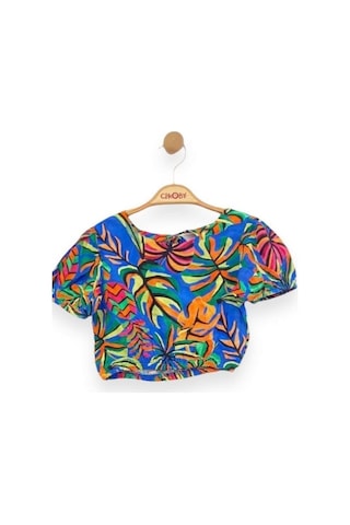 Kız Çocuk Desenli Crop Bluz-13759-mavi Mavi
