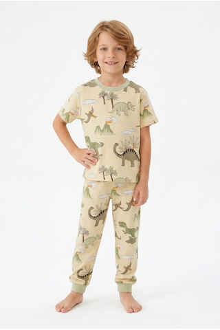 Bunny Hopp Yazlık Kısa Kollu Erkek Çocuk Pijama Takımı Safari Desenli %100 Pamuk Bej
