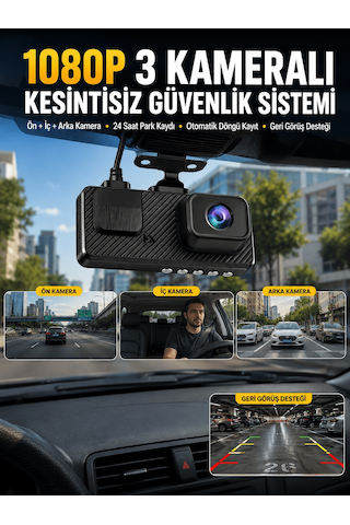 3 Kameralı Araç İçi Dvr Kayıt Cihazı Ön İç Arka Kamera Full