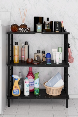 3raflı Telli Çevir Kur Çok Amaçlı Banyo Rafı Dolabı Metal Gövdeli Organizer Düzenleyici Saklama Rafı Siyah