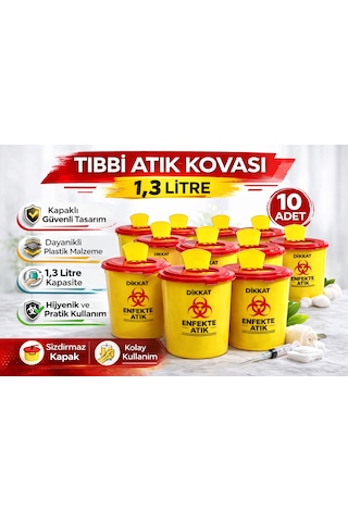 Tıbbi Atık Kovası 1,3 Litre 10 Adet Kapaklı Tıbbi Atık Kutusu Enfekte Atık Kovası Seti Çok Renkli
