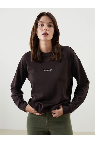 LC Waikiki Lcw Vision Kahverengi Bisiklet Yaka Nakışlı Oversize Kadın Sweatshirt Koyu Kahverengi