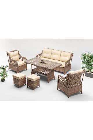 Alaska Oturma Grubu Bahçe ve Balkon Mobilyası Takımı (3+1+1+Masa+2 Puf)-Kahve Kahverengi