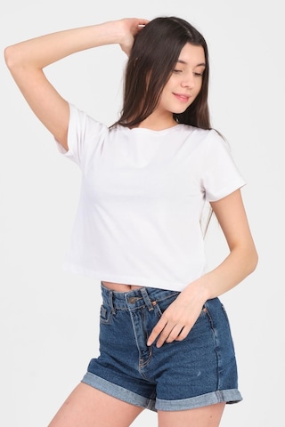 As Collection Beyaz Bisiklet Yaka Kısa Kol Örme Kadın Crop 001