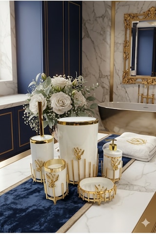 Makri Home Gold Kaplama Metal Stantlı 5 Parça Mermer Desenli Ve Düz Renk Seçenekli Banyo Aksesuar Takımı Beyaz