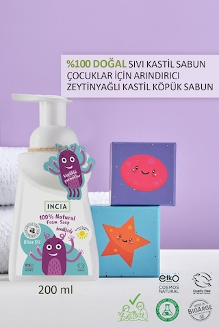 INCIA %100 Doğal Köpük Kastil Sabunu Çocuklar İçin Zeytinyağlı 10 Bitkisel Değerli Yağ Vegan 200 ml