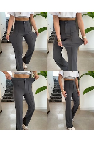 Sensuelle Kadın Yüksek Bel Full Likralı Krep Kumaş Pantolon Gri