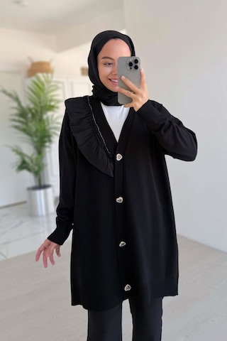 Ka Hijab Omzu Fırfır Merserize Hırka - Siyah Siyah