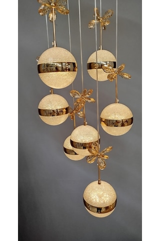 Şık Tarz Modern Led Avize Gold Ledli Salon Avizesi Kelebek Taşlı 7lı Sarı