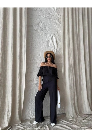 Defymoda Keten Madonna Yaka Kol Hasır Şerit - Pantolon Takım - Siyah Siyah