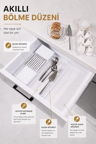 Çekmece İçi Bıçaklık Organizer Bölmeli Mutfak Düzenleyici Beyaz S-11029