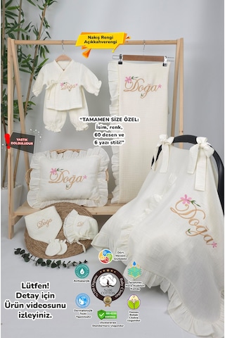 Gros Shop Müslin Yeni Doğan 4katlı Organik %100pamuk Kişiye Özgü Nakışlı Hastane Çıkış Seti Çiçekli Model-1 Ekru