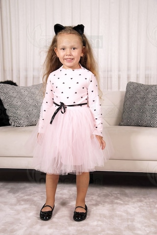 Kız Bebek-çocuk Uzun Kollu Doğum Günü Ve Özel Günler İçin Kalpli Tüllü Astarlı Elbise Pembe