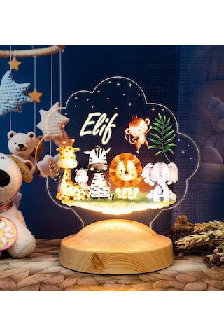 Safari Temalı Çocuk Odası Gece Lambası, Safari Konseptli Çocuk Doğum Günü Hediyesi Led Lamba, Sevimli Hayvanlar Bebek Gece Lambası