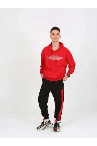 Erkek Çocuk Yazılı Kapüşonlu Sweatshirt-15238 Kırmızı
