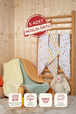 3 Desenli 3 Düz Renk Ile 6lı, Pamuk, Çok Amaçlı Müslin Çok Renkli