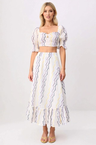 Benerly Kadın Çiçekli Desenli Brode Dokuma Crop Top Midi Etek Takımı Kalp Beyaz