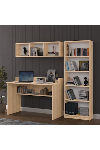 Asra Trend Çalışma Masası Seti ÇMT001 %100 MDF Kitaplıklı Raflı Ofis Takımı Sonoma