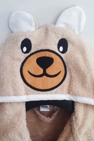 Kapşonlu Hayvan Desenli Çocuk Banyo Deniz Plaj Bornozu %100 Pamuklu Bej