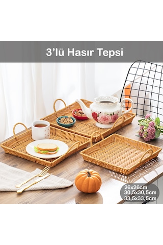 Porsima 709b Kare 3'lü Hasır Tepsi Dekoratif Sunum Servis Tepsisi