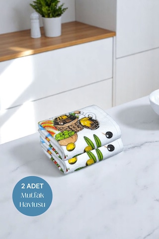 2li Paket Baskılı Beyaz Mutfak Havlusu Modeli Zeytinköy