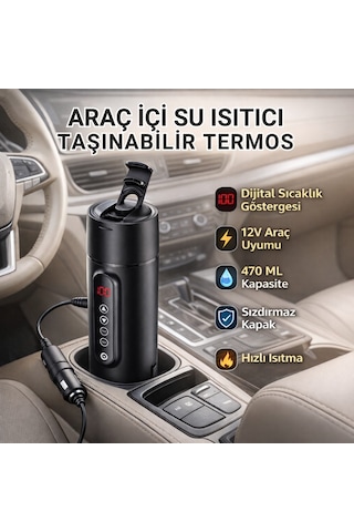 Polham Araç İçi Su Isıtıcı 470 Ml Dijital Sıcaklık Göstergeli Taşınabilir Termos 12v Çakmaklık Uyumlu, Hızlı Isıtma, Sızdırmaz Kapak Siyah