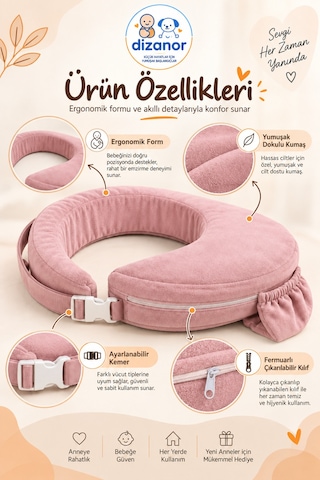 Dizanor Ayarlanabilir Kemerli Çok Amaçlı Emzirme Minderi Fermuarlı Yıkanabilir Kılıf 56x50x11 Cm - Pembe