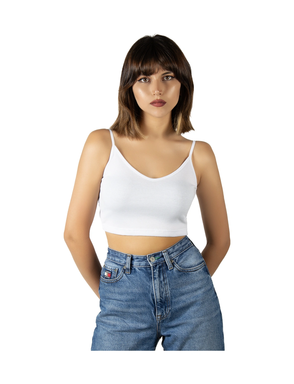 Veaven 2'li Paket Siyah Beyaz İp Askılı Fitted/vücuda Oturan Fitilli Örme Crop Top Bluz Siyah Beyaz