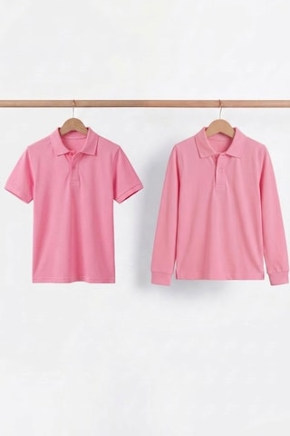 Nacar Store Unisex Çocuk Uzun Ve Kısa Kollu Polo Yaka Okul Tişörtü 2'li Set Pembe