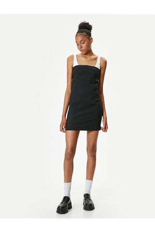 Koton Mini Kalem Elbise Renk Kontrastlı Askılı Slim Fit Siyah 4sak80390pw