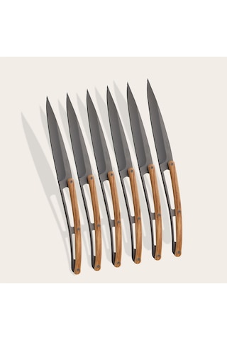 6 Deejo Steak Knives Serrated, Olive Wood