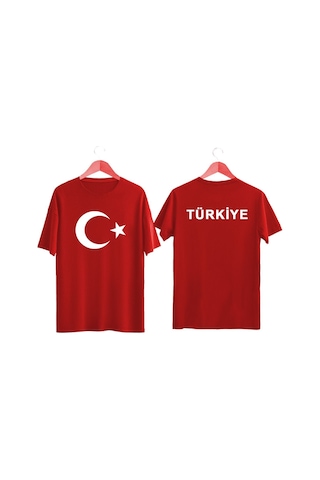 Türk Bayrağı Baskılı Türkiye Yazılı Tişört Ayyıldızlı T-shirt Kirmizi
