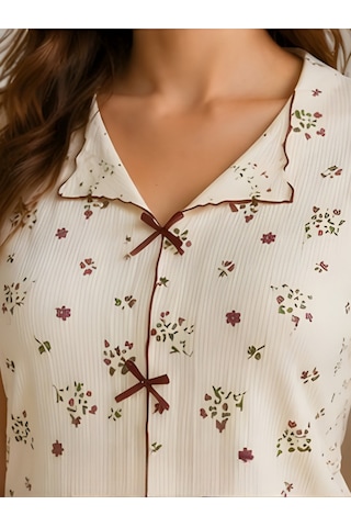 Kadın Pamuklu Rahat Kalıp Desenli Pijama Takım Krem
