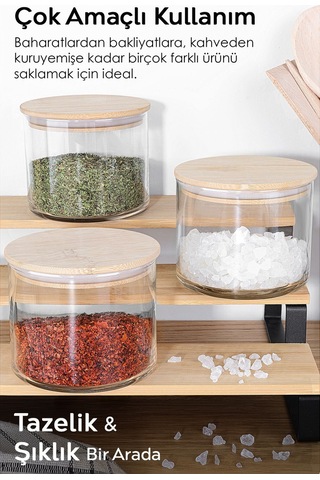 3'lü Etiketli Bambu Kapaklı Cam Baharatlık Seti - Baharat Saklama Kabı Vakum Kapaklı Kavanoz 535 Ml ŞEffaf