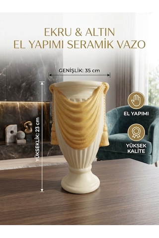 El Yapımı Seramik Vazo Ekru Gold 23x35 Cm - Lüks Şık Salon Konsol Masa Üstü Dekoratif Vazo Hediyelik