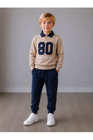 Polo Yaka Nakışlı Erkek Çocuk Taba/lacivert Sweatshirt & Eşofman Alt Üst Takım Kolej Stili Ve Şıkl