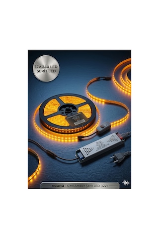 Mutfak Dolabı Tezgah Üstü Için 5 Metre Amber Şerit Led Işık Adaptörlü Anahtarlı Tak Çalıştır Amber