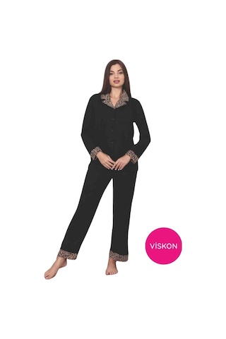 Alimer Kadın Siyah Leopar Desen Gömlek Yaka Önden Düğmeli Likralı Viskon Mevsimlik Uzun Kol Pijama Takımı Siyah