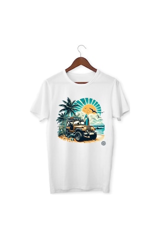 Alpşan Ticaret Jeep Baskılı Araba Tişört Baskılı Çocuk Yetişkin Beyaz T-shirt Unisex Tişört Beyaz