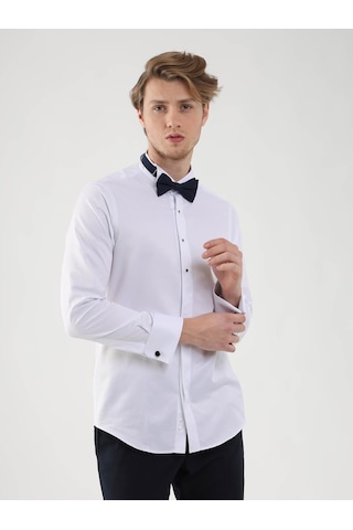 Dufy Beyaz Erkek Slim Fit Ata Yaka Duble Manşetli Kol Gömlek - 94408 Beyaz