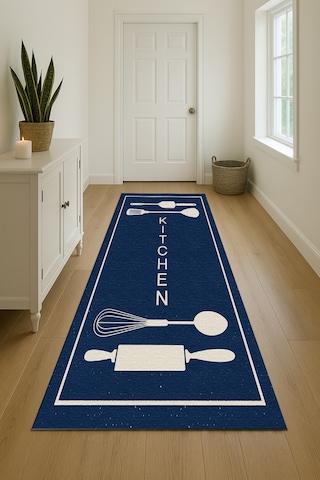 Turkıshrug Kıngdom Lacivert Ve Bej Desenli Kitchen Yazılı Halı Modern Dijital Baskılı Tasarım Çok Renkli